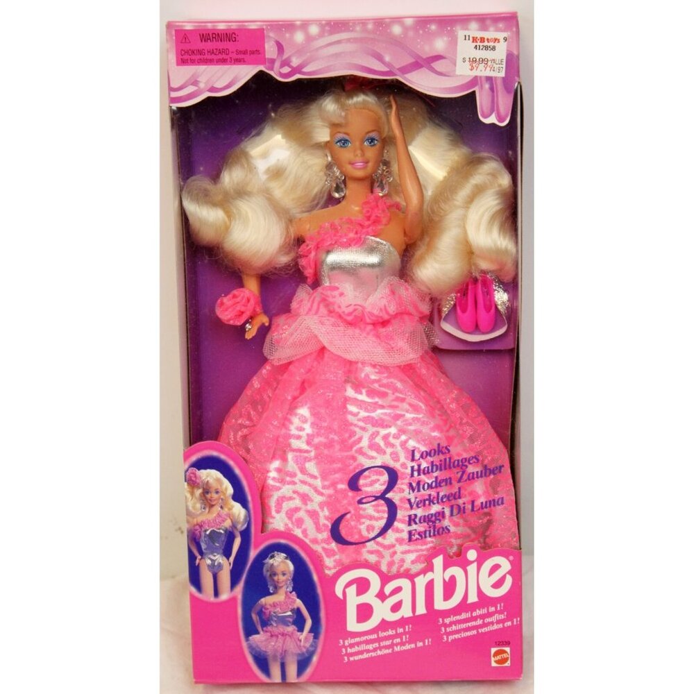 1994 Mattel Barbie 3 Looks Neon Hot Pink Dress Ballet Skirt Bodysuit Silver Prom